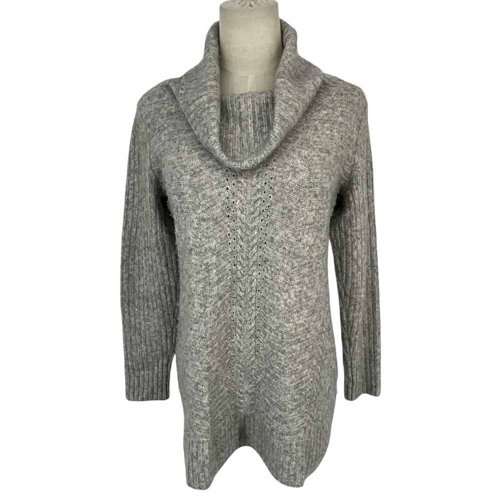 White House‎ Black Market Gray Cowl Neck Cable Knit Tunic Sweater Wool Blend L